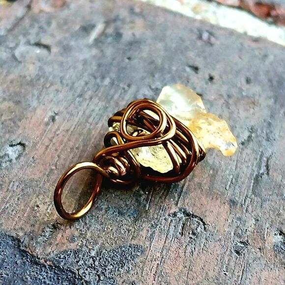 Raw Citrine Crystal Charm Pendant, Wire Wrapped, Bronze, 1" - Picture 3 of 4